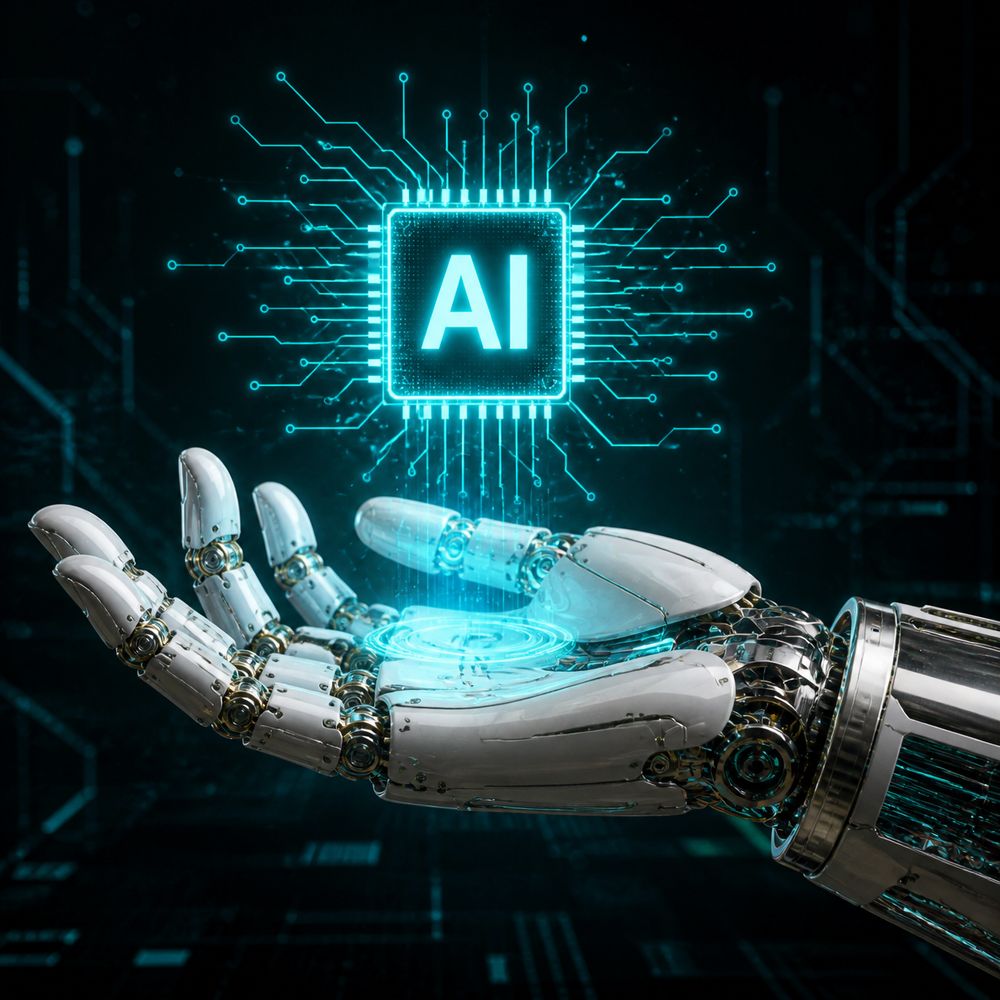 Robot hand holding a glowing AI chip